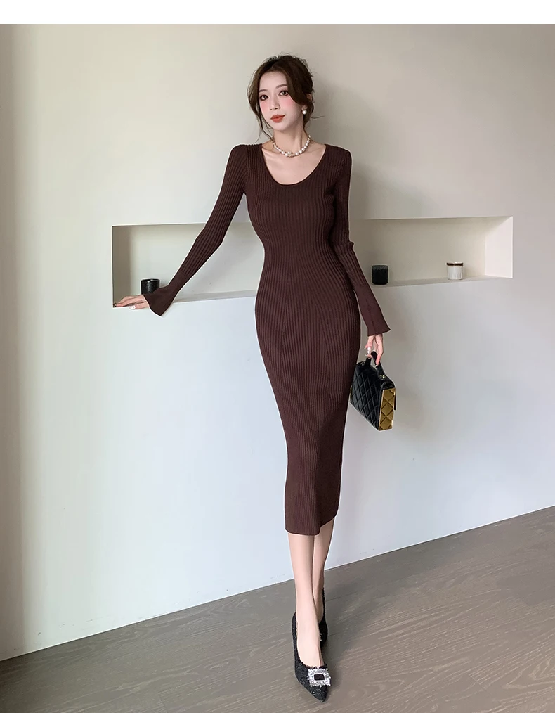 Langes Strickkleid für Damen 2026 Herbst Winter Neuerscheinung Langes Kleid mit Trompetenärmeln und V-Ausschnitt Koreanischer Stil Modisches Damenkleid – Detail 29