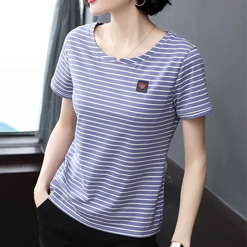 

T-shirt Women's Short Sleeve Striped Clothing Summer New O-neck Loose All-match Plus Size Fashion Tops Tees Vintage Casual