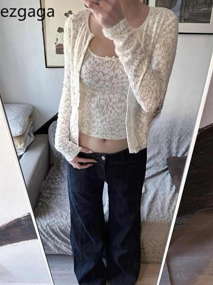 

Ezgaga Two Piece Sets Women Lace Patchwork Long Sleeve T Shirts Sweet Elegant Spring Autumn Fashion Camisole Ladies Tank Tops