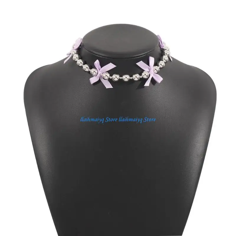 

573B Unique Bows Choker Necklace Sweet Cool Bowknot Beaded Necklace for Women Girls