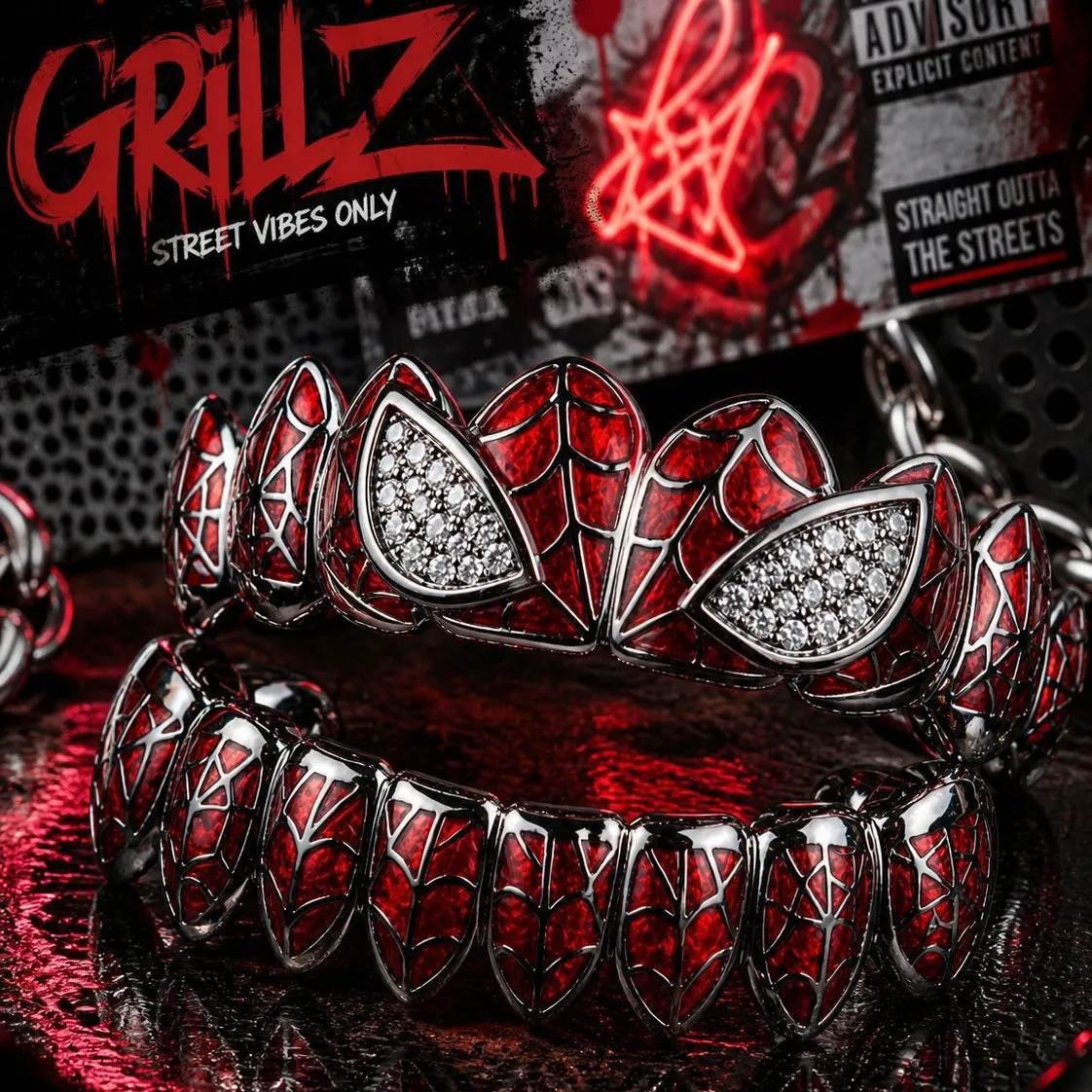 New Arrival Spider Web Grillz Teeth Jewelry Iced CZ Full Set Hip Hop Mouth Accessories Gothic Street Style Fashion Decor