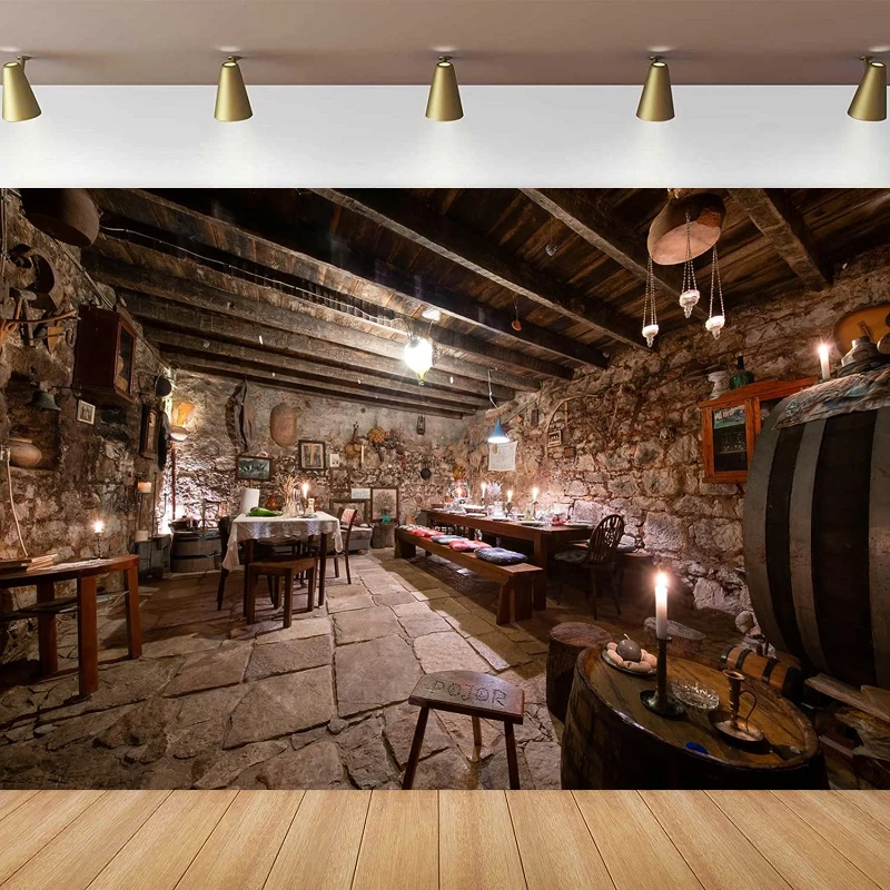 Medieval Tavern Inn Bar Photography Backdrop For Ancient Wooden Ceiling Stone Wall And Floor Wine Cellar Restaurant Background