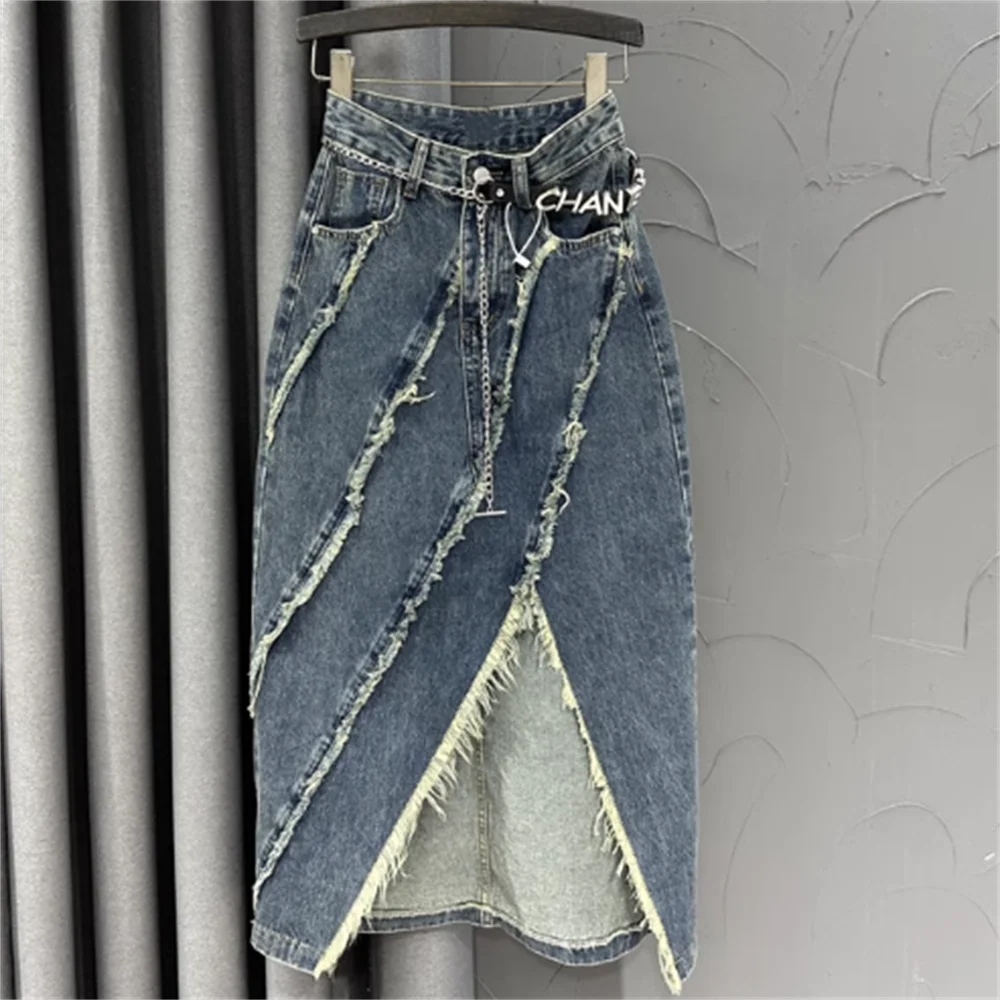 

Irregular fringed denim long skirt high waist forked skirt Maxi Jeans Skirt Women Side Split