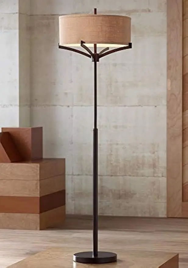 

Tremont Modern Mid Century Floor Lamp Standing 62" Tall Deep Bronze Metal Tan Burlap Drum Shade for Living Room