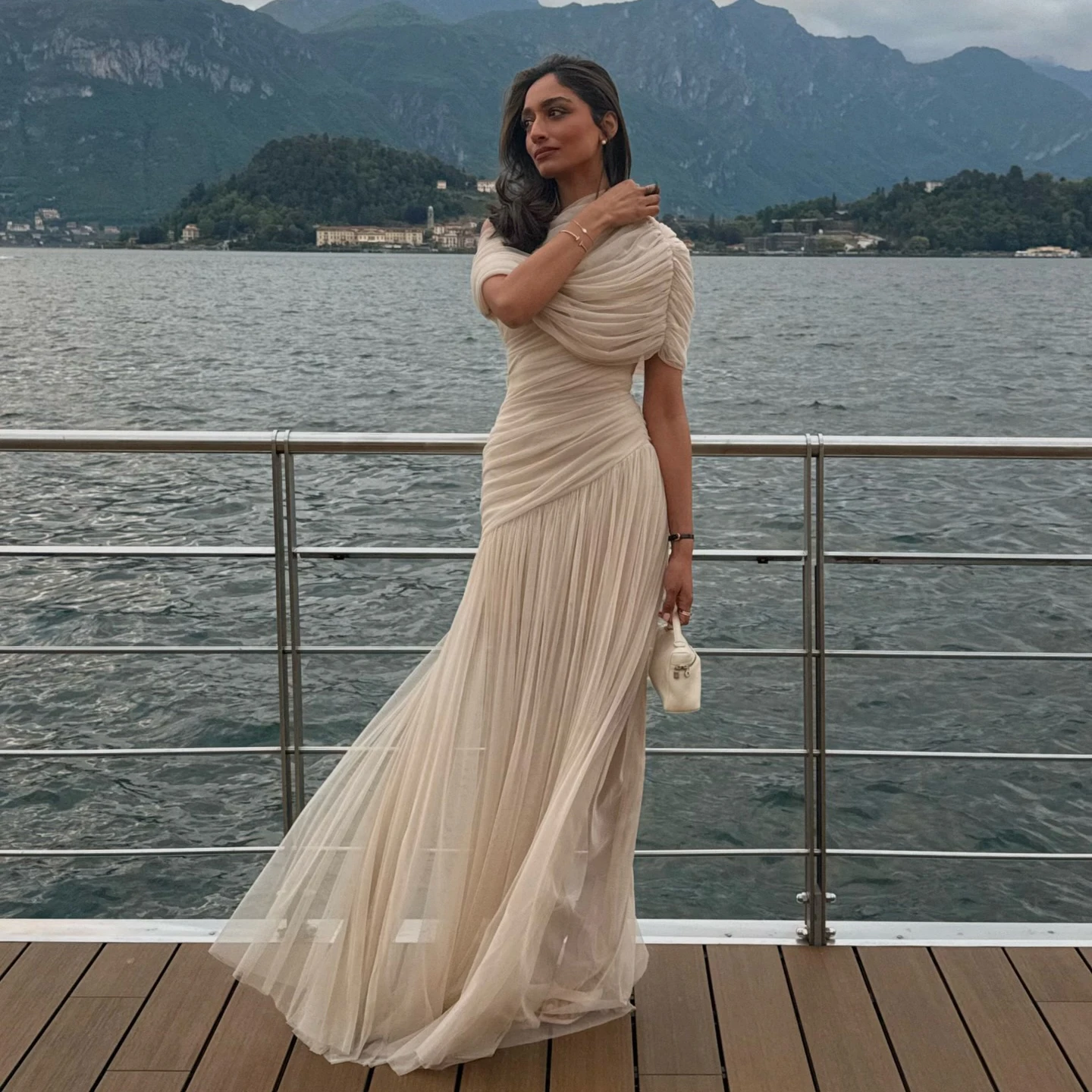 White Mermaid Evening Dress with Cape Sleeves V-Neck, Beaded, Floor-Length