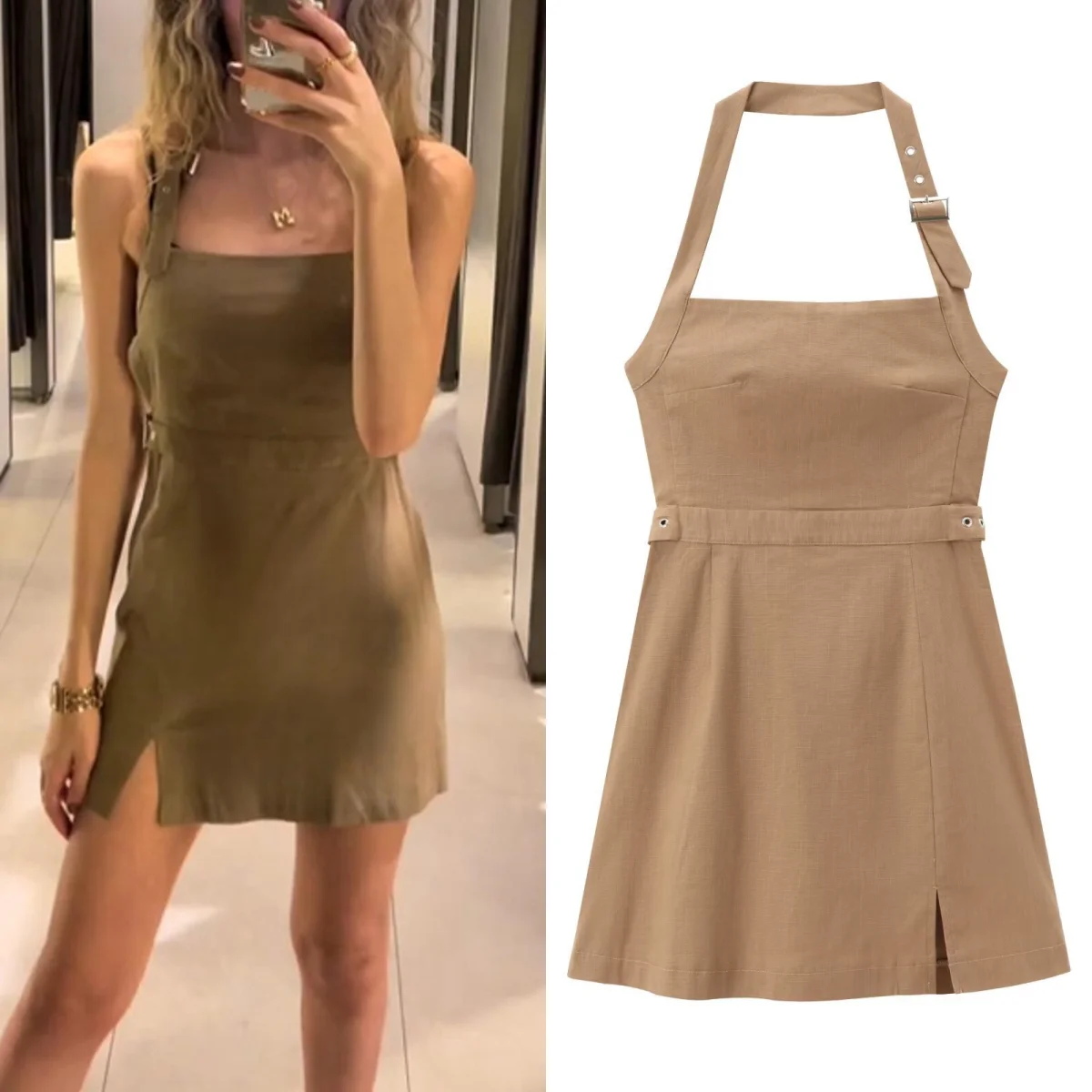  Women's Mini Suspender Button Dress Sleeveless Backless Dress Khaki Back Zipper Dress High Street Dress 2024 Summer Fashion