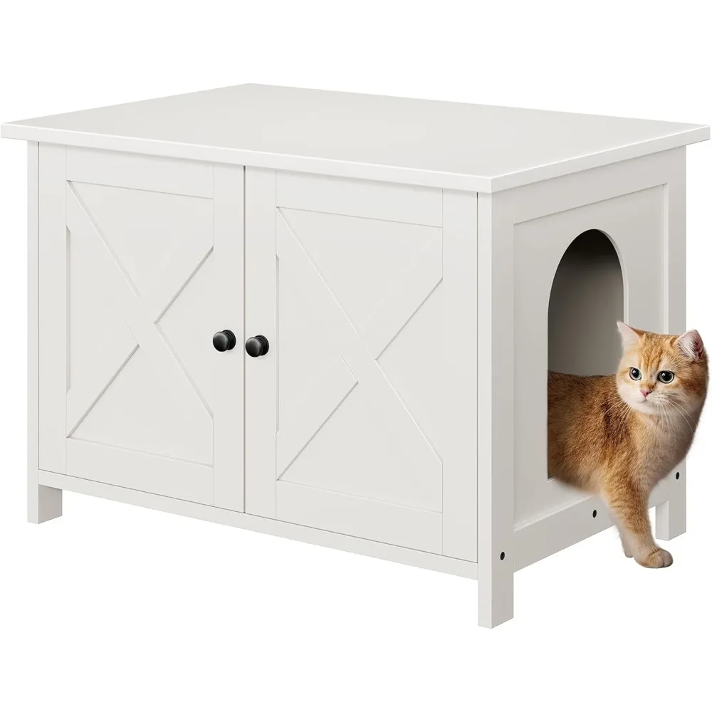 

Litter Box Furniture Hidden with Barn Door,Wooden Cat Washroom Furniture,Cat House,End Table, Fit Most of Litter Box, White