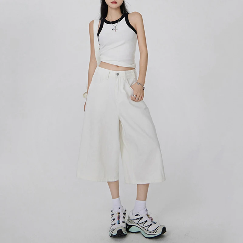 SummerWhite Denim Shorts Women Fashion High Waisted Wash Cropped Baggy Wide Leg Shorts Pants