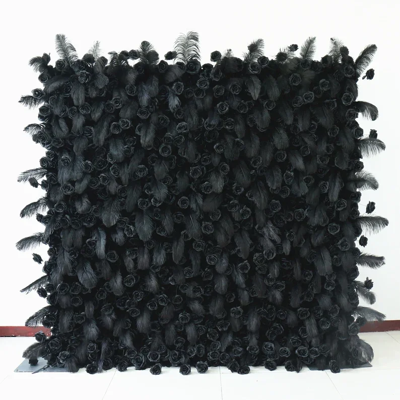 

Uflower 5D Black Feather Black Rose Artificial Flower Wall Cloth Fabric Wedding Party Photo Backdrop Wedding Event Decor Props