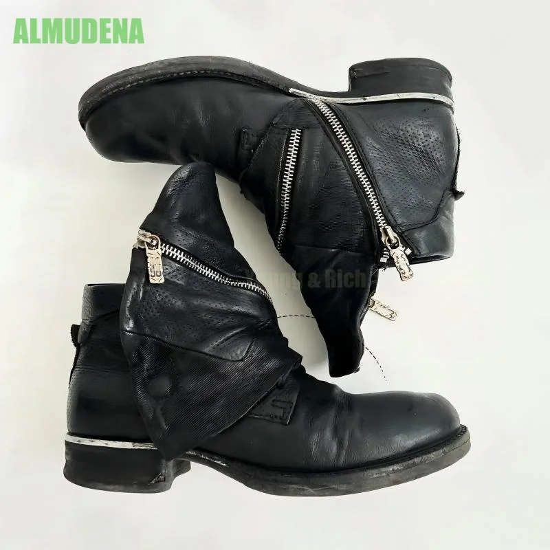 Unisex-Stiefeletten mit Metallreißverschlüssen und Schnürung, zerknitterte Lederoberfläche, perforierte Textur, doppelter niedriger Absatz, Retro-Casual-Mode-Schuhe