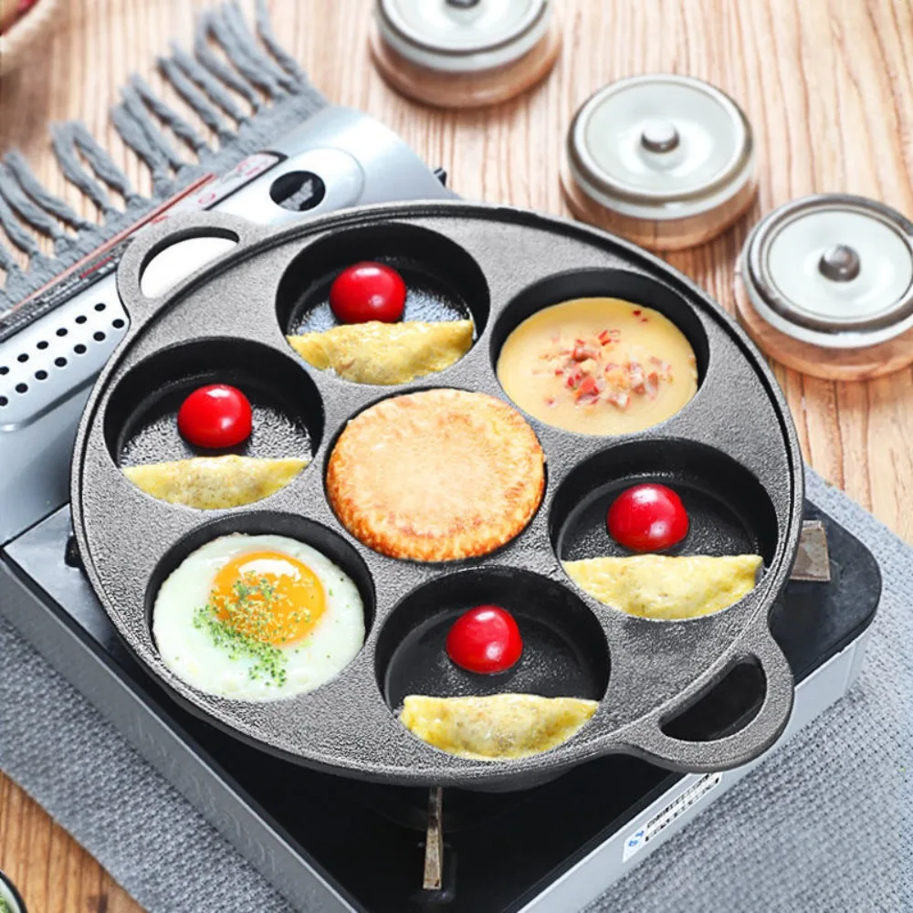 

Breakfast Maker Cast Iron 7 Hole Omelette Pan Efficient Non-Stick Fried Eggs Pot Labor-saving Round Kitchen Frying Pan Pancake