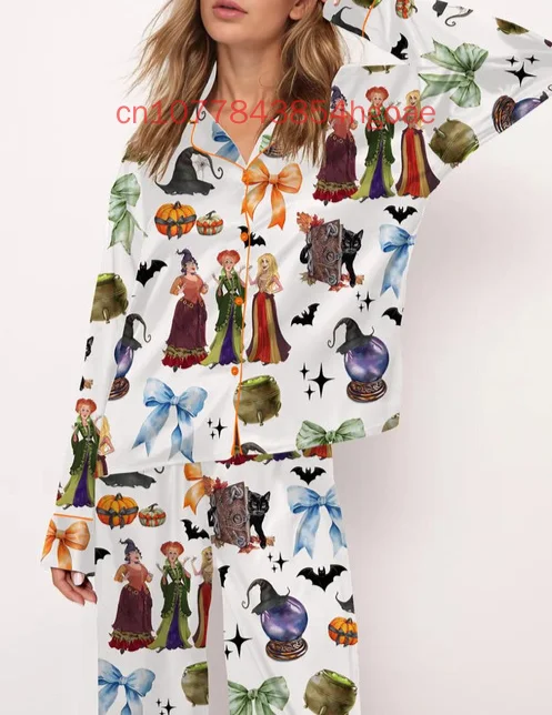 Retro Halloween Bad Witches Satin Pajama Set 3D Printed Spring/Summer New  Casual FashionLong Sleeve Set