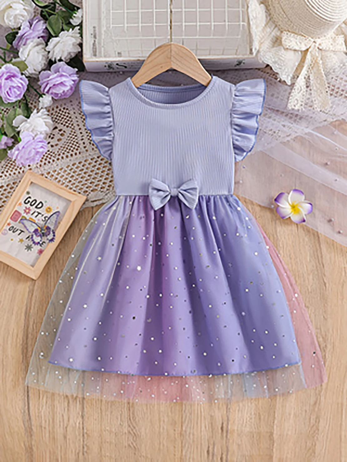 Girls' Purple-Pink Gradient Sequin Princess Dress, Summer Flutter Sleeve Bow Tulle Skirt