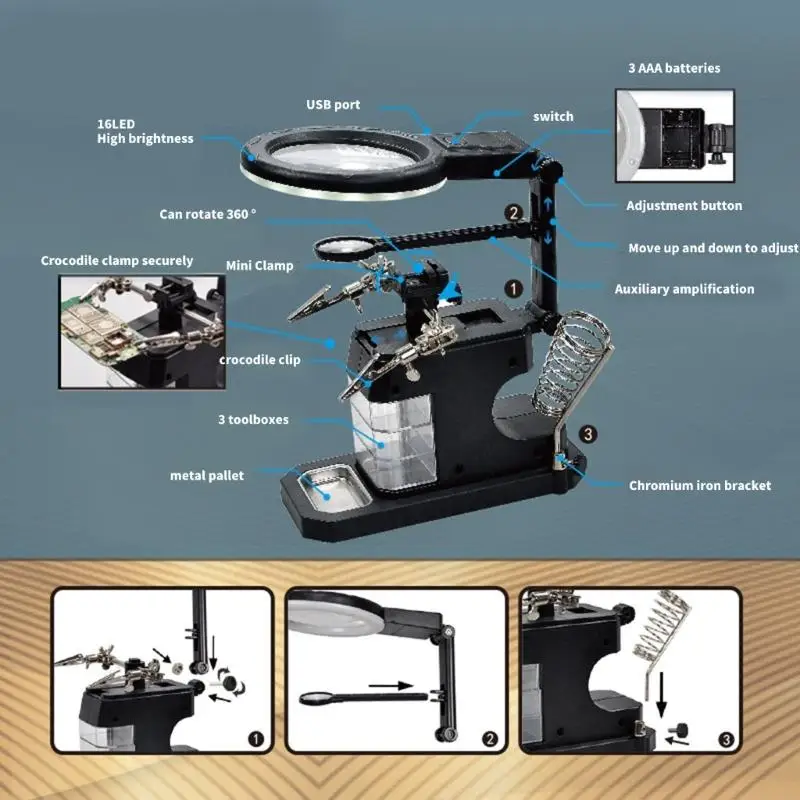 63HA Adjustable LED Lighted Glass LED Illuminated Metal Clamp for Detailed Work In Electronics & Crafts