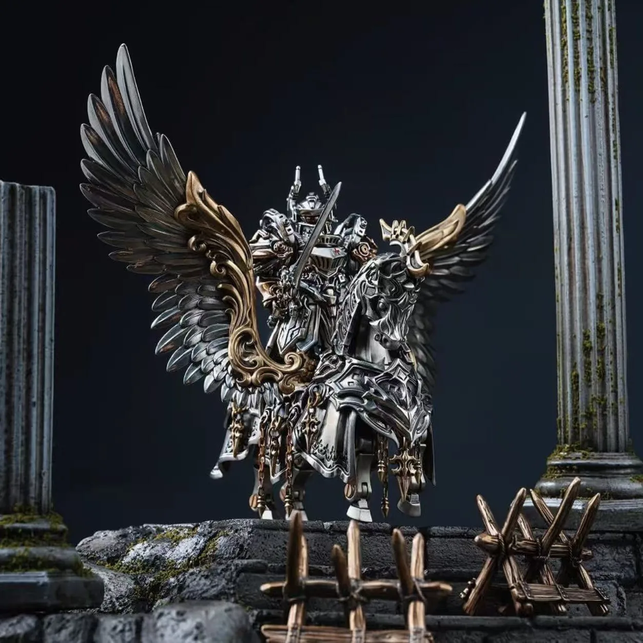 Ancient general war winged horse decorated statue figure, luxury silver and gold winged horse ornament, living room study desk a
