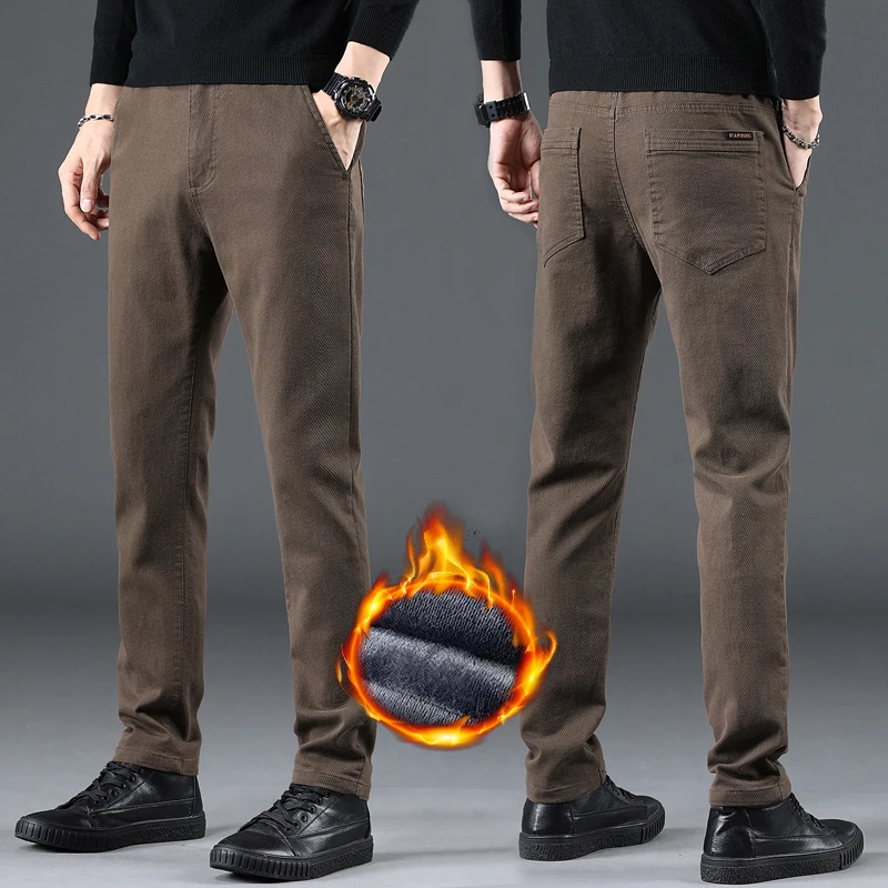 

Men's Thick Casual Pants Winter Fleece Fashion Business Elastic Waist Warm Velvet Trousers Classic Solid Color Slim Plush Pants