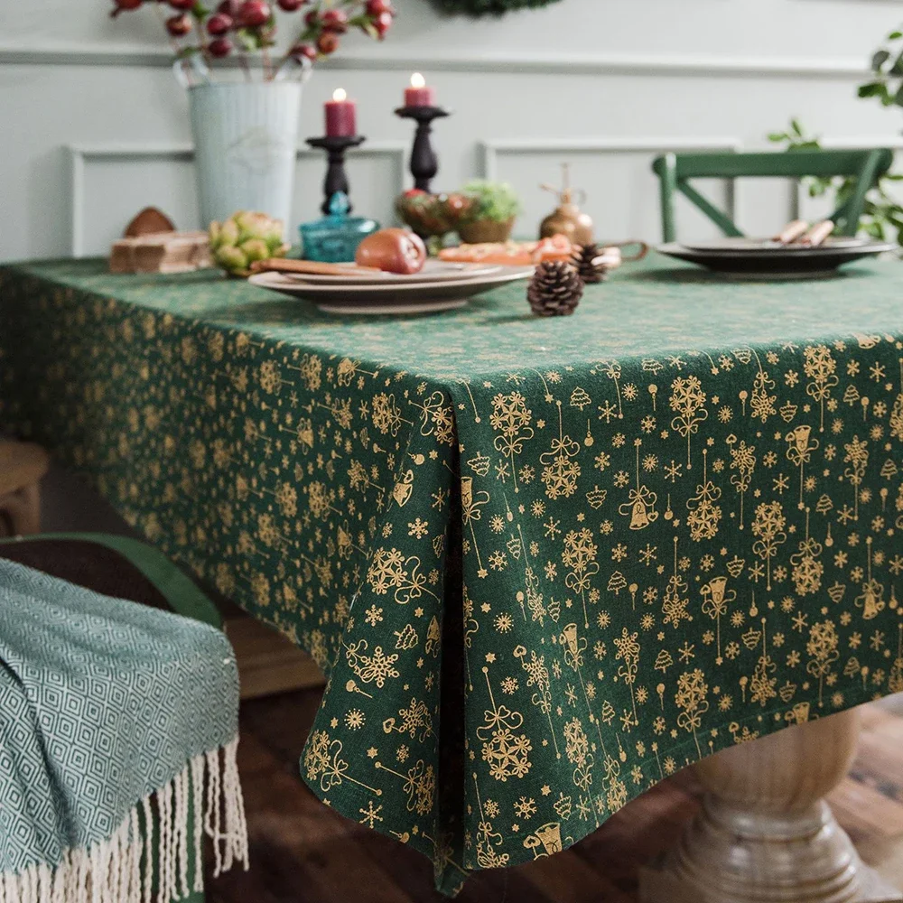 Linen Cotton Christmas Party Tablecloth Japanese Green Bronzing Wind Chimes Rectangle Dinning Table Cover for Home Decorative