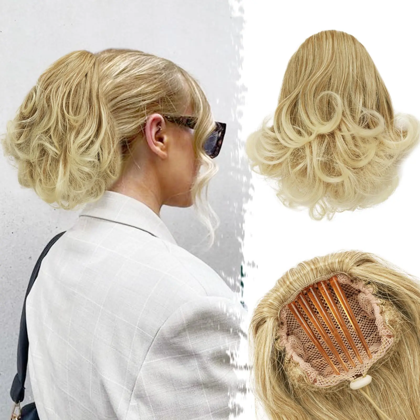 

FORLISEE Ponytail Hair Extension 9 Inch Comb Clip Drawstring Short Wavy Blonde Ponytail Synthetic Comb Clip Ponytail Wig