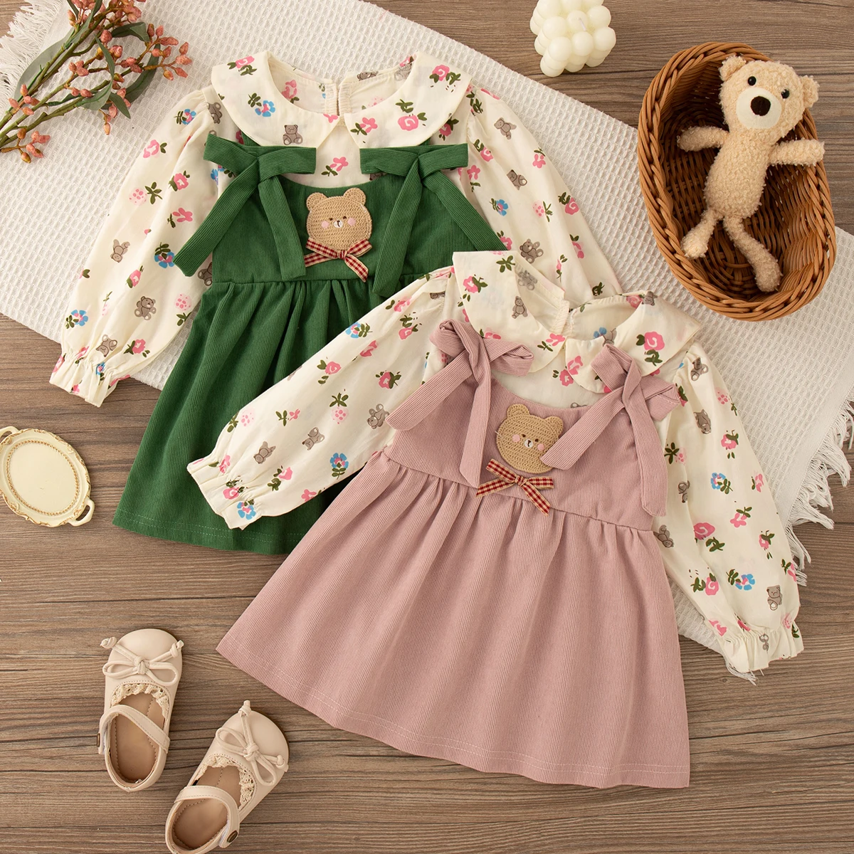 Girl Amusement Park Play Costume Bow Floral Print Doll Collar Long Sleeved Dress Cute Toddler Girl Autumn Dress