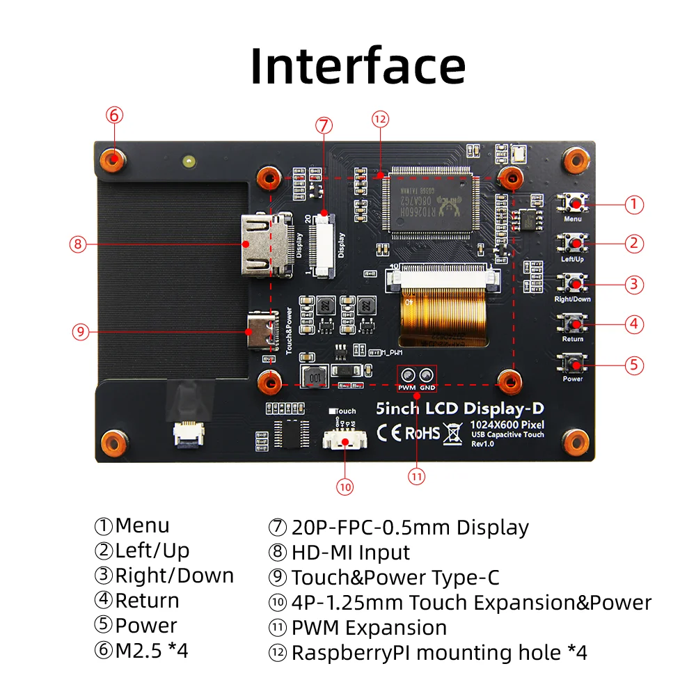 5 Inch Raspberry Pi Monitor 1024x600 IPS 5-Points Capacitive Touchscreen  HDMI Display For Win 7/8/10 Drive Free