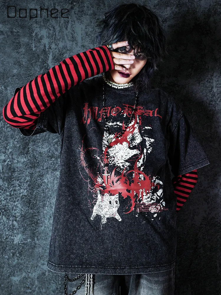 Summer New Dark Gothic Subculture Men's Character Print Vintage Black Short Sleeve T-Shirt with Striped Inner Layer