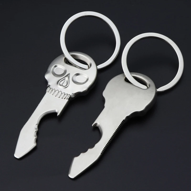 1pc Portable Creative Skull Keychain Bottle Opener Alloy Key-Ring Decor Corkscrew for Beer Soda Wine Outdoor Tool Mini Saw Gift