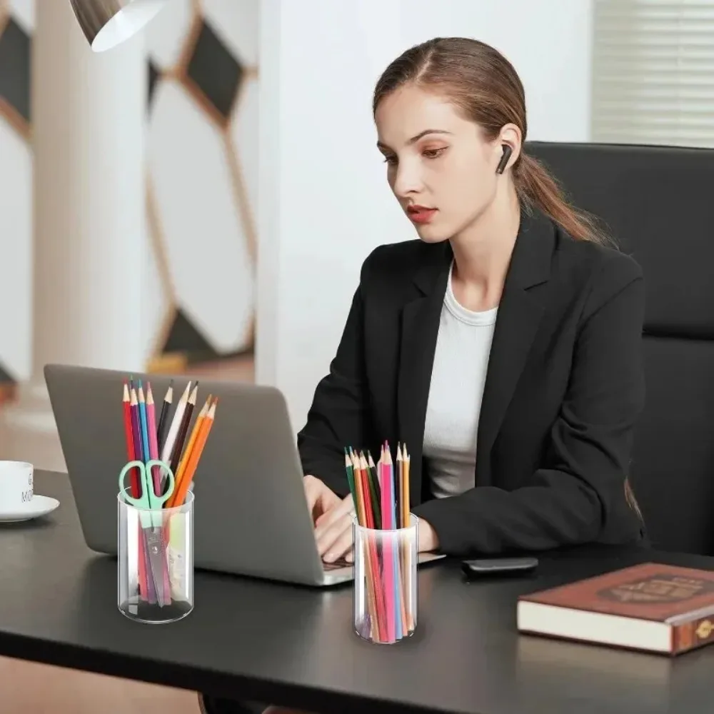 New 3 Pcs Transparent Pen Holder Acrylic Make Up Student Pencil Display Stand Clear Round Tpe Cups