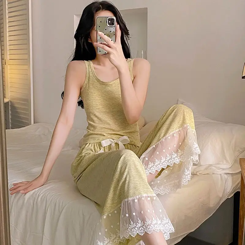

Летний комплект пижамы без рукавов из ледяного шелка 2026 для женщин: корейская милая кружевная пижама, домашняя одежда, пижама для дома
