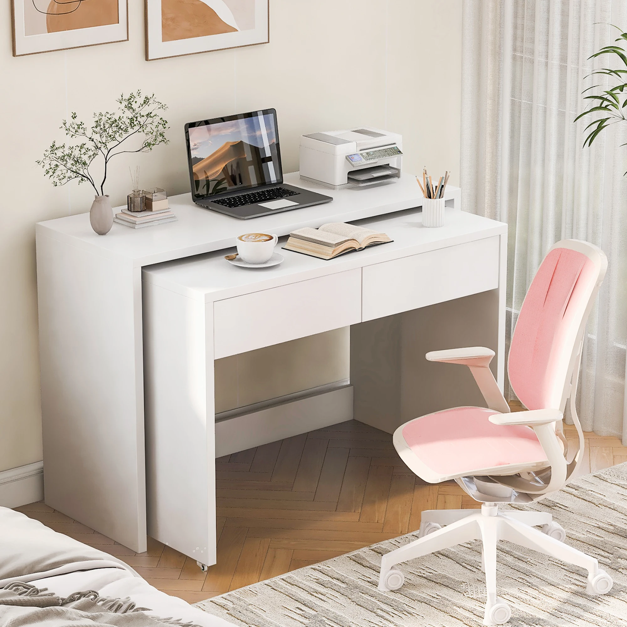 Bureau pliant 2-en-1 avec armoire de rangement, table d'écriture compacte extensible, bois de 1,8 cm d'épaisseur, 4 roulettes avec freins, poste de travail mobile pour petits espaces