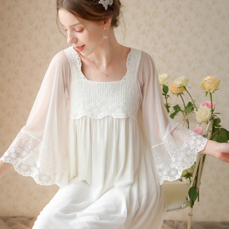 Sweet Mesh Night Dress Women Fairy White Long Sleeve Embroidery Lace Peignoir Nightwear Victorian Nightgowns Princess Sleepwear