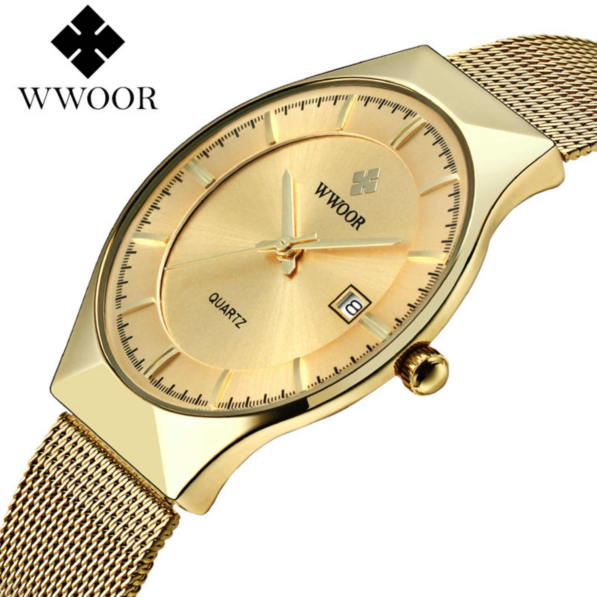 WWOOR Men Quartz Watch Ultra Thin Round Single Date Mesh Band Minimal Simple Business Wristwatch Fashion Gift For Gentlemen