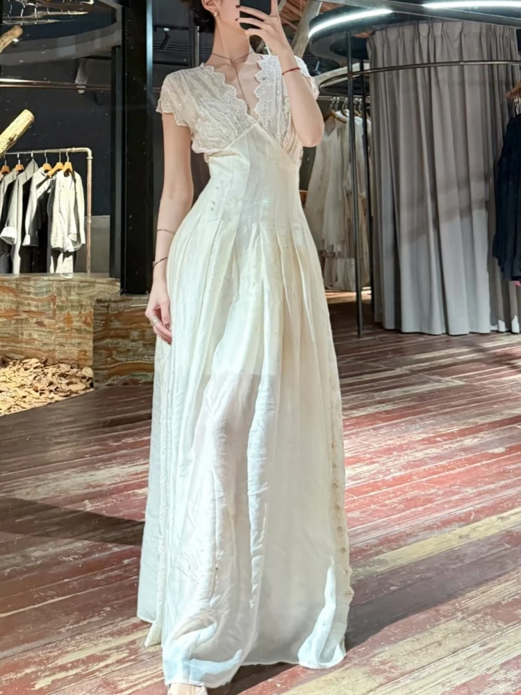 Sexy V Neck Embroidery Hollow Out Long Dress Women Sleeveless Patchwork Slim A-line Dresses Elegant Evening Party Gowns