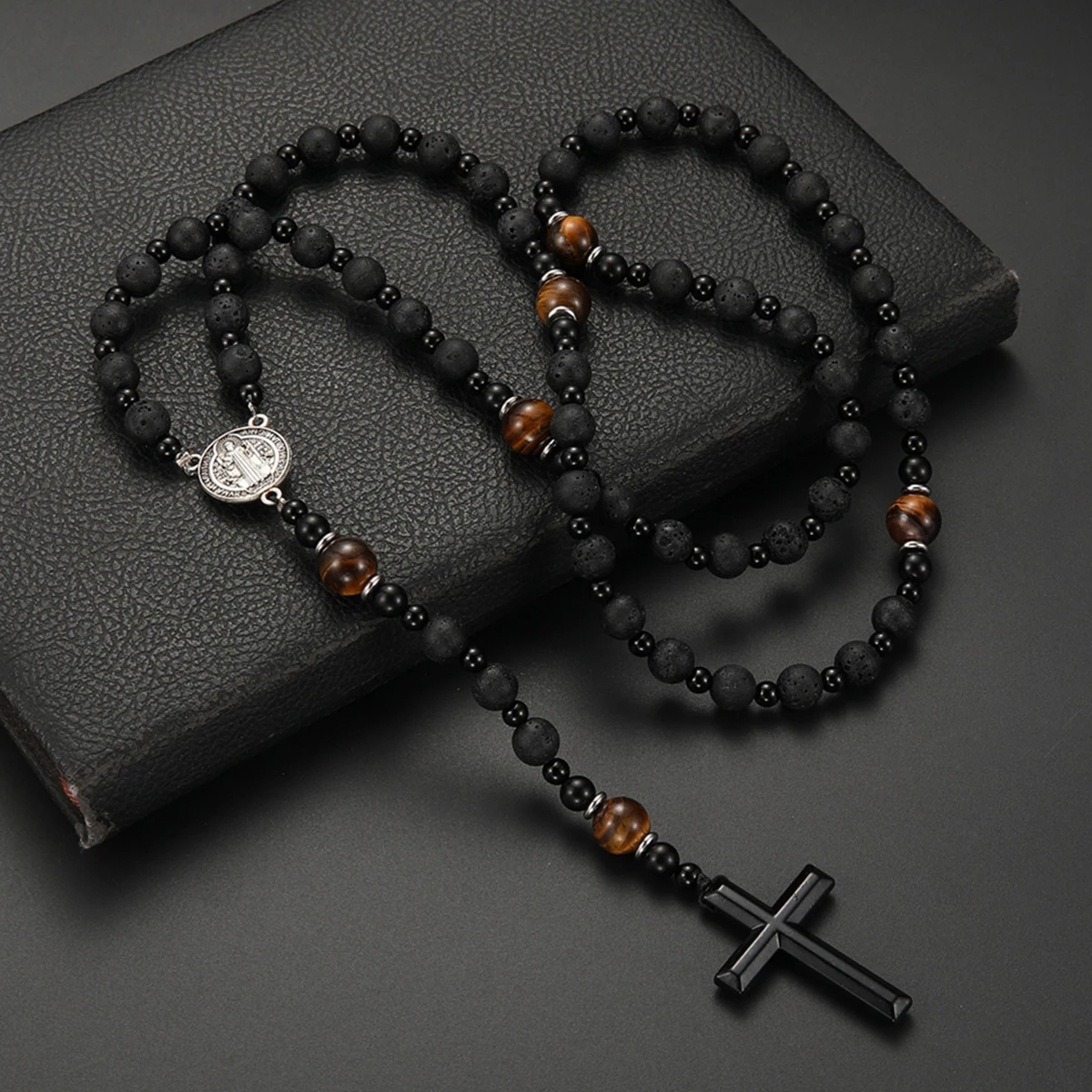 Fashion Cool Black Lava Stone Hematite Cross Pendant Necklace Rosary for Men and Women Handmade Jewelry Gift