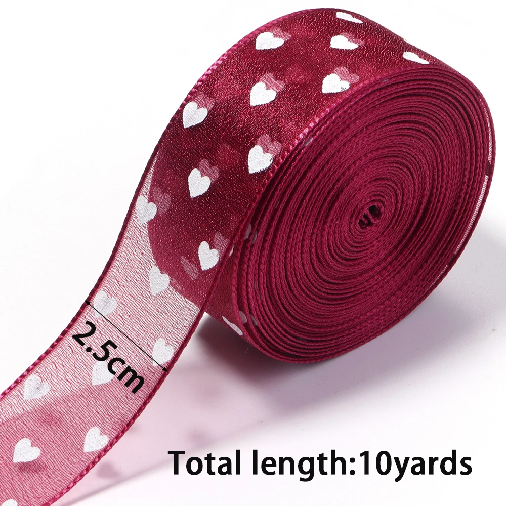 10 Yards 2,5 cm herzbedruckte Chiffonbänder, weiches Netzband für Hochzeitsdekoration, Geschenkverpackung, DIY-Schleifen und Haaraccessoires – Detail 1