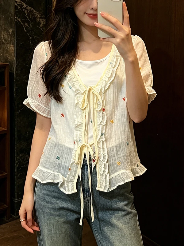 

plus Size Summer 2026 New Style Embroidered Short Sleeve Doll Shirt Two-Piece Set V-Neck Korean Version Loose Fit Women's Blouse
