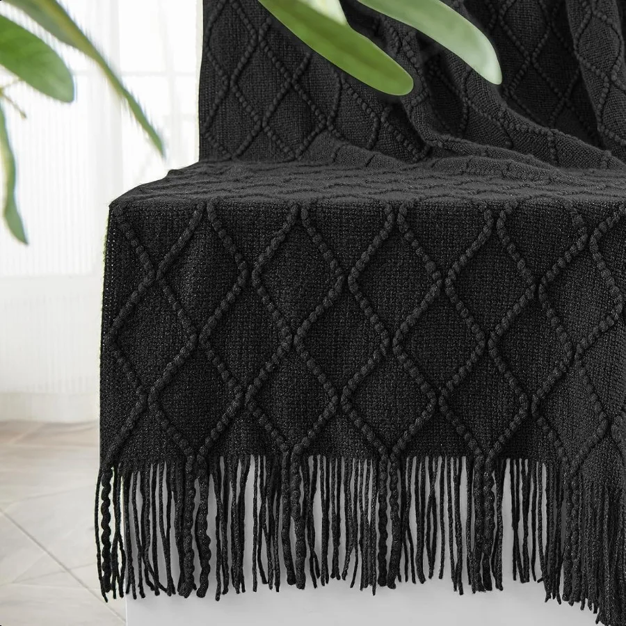 

Knitted Throw Blankets for Couch and Bed Soft Cozy Knit Blanket with Tassel Black Lightweight Decorative Blankets and Throws Fa