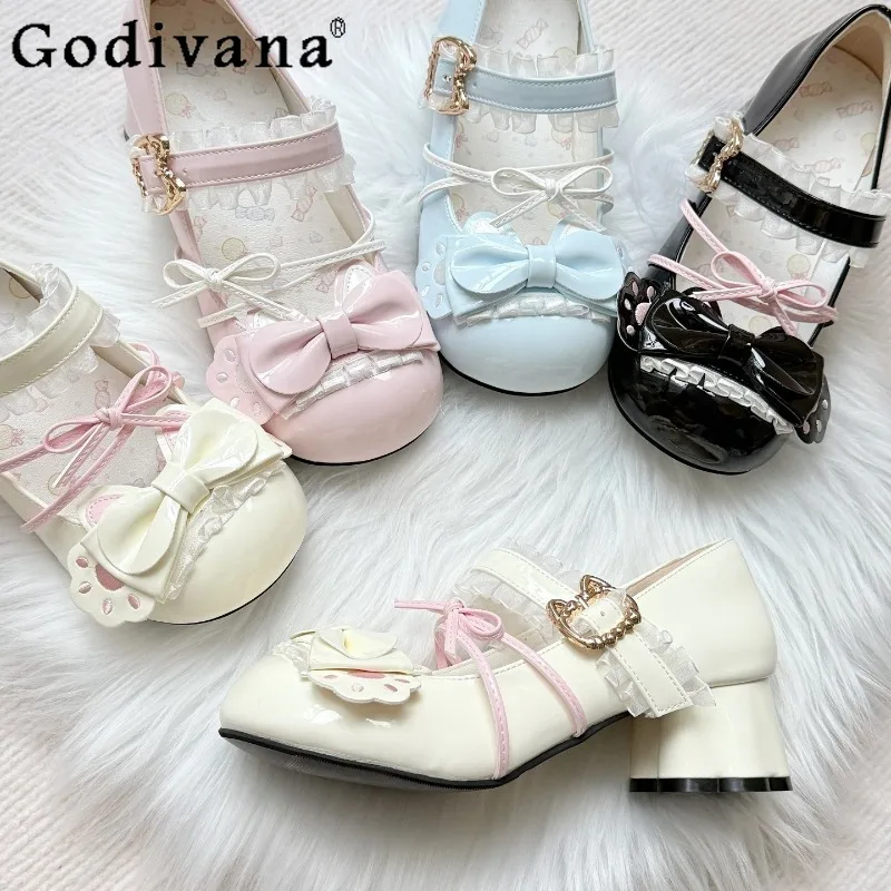 

Ladies Original Lolita Cat Bow Shoes Round Toe High Heel Lo Pink Shoes Women's Japanese Style Sweet Single Mid Heel Pumps