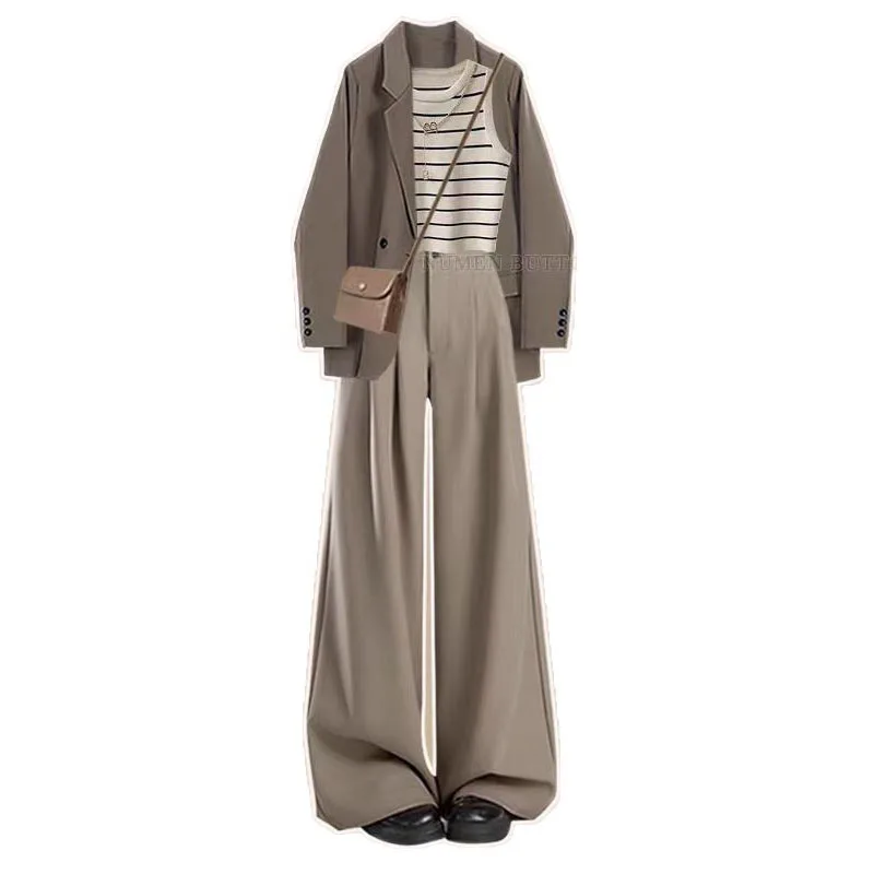 Professional suit, women's Korean suit jacket, striped camisole with high waist and wide leg pants, three piece set pant sets