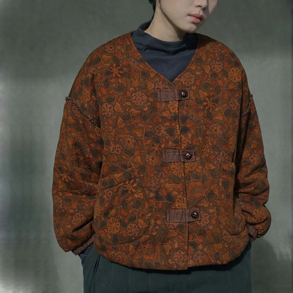 Ländlicher Digitaldruck aus Baumwolle, lockerer kleiner, mit Baumwolle gefütterter Mantel, Damen-Vintage-Vorderseite, offener V-Ausschnitt, Knopf, kurze, gesteppte, warme Jacke