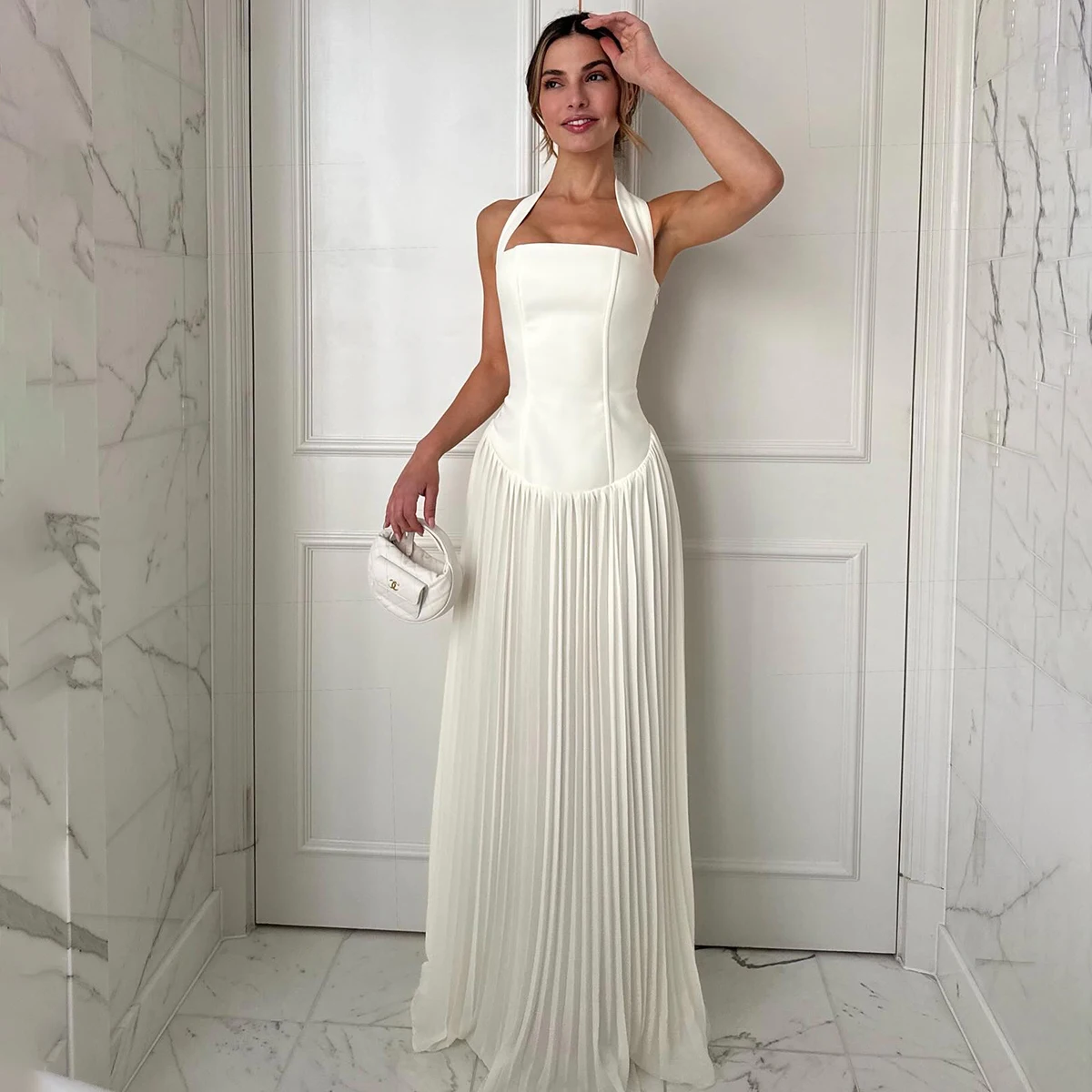 Strapless Pleated Halter Maxi Wedding Dress Drop Waist A Line Sleeveless Satin Flowying Backless Full Length Ivory Bridal Gowns