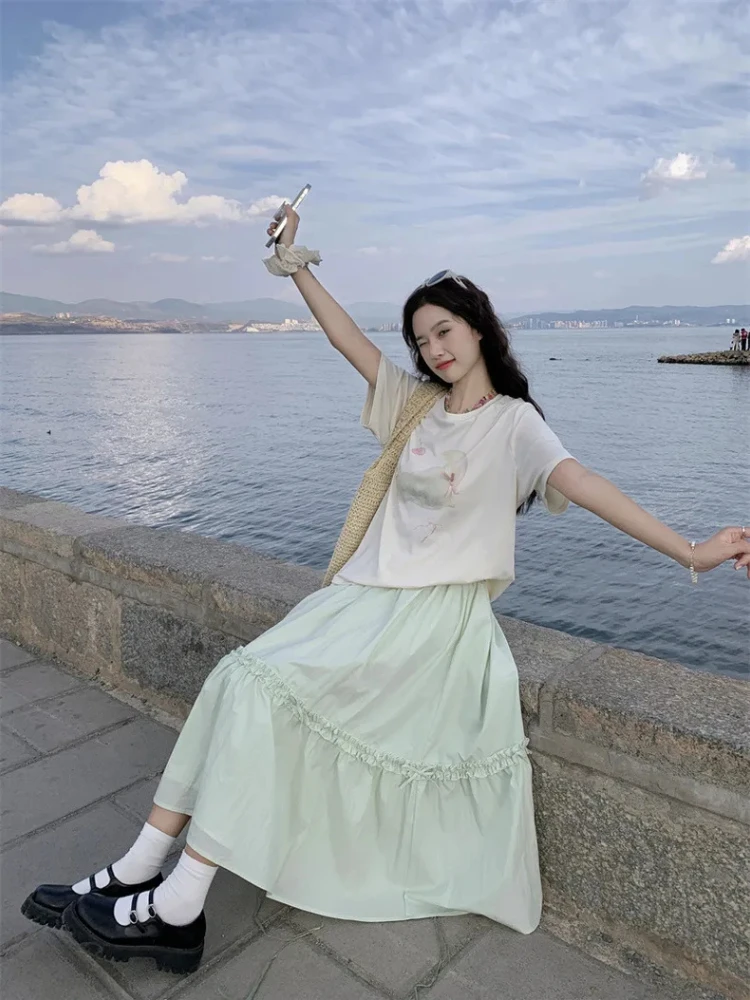 

Skirts Women 2025 Spring Summer High Waist Spliced Fungus Pleated A-line Long Skirt Sweet Casual All Match Faldas