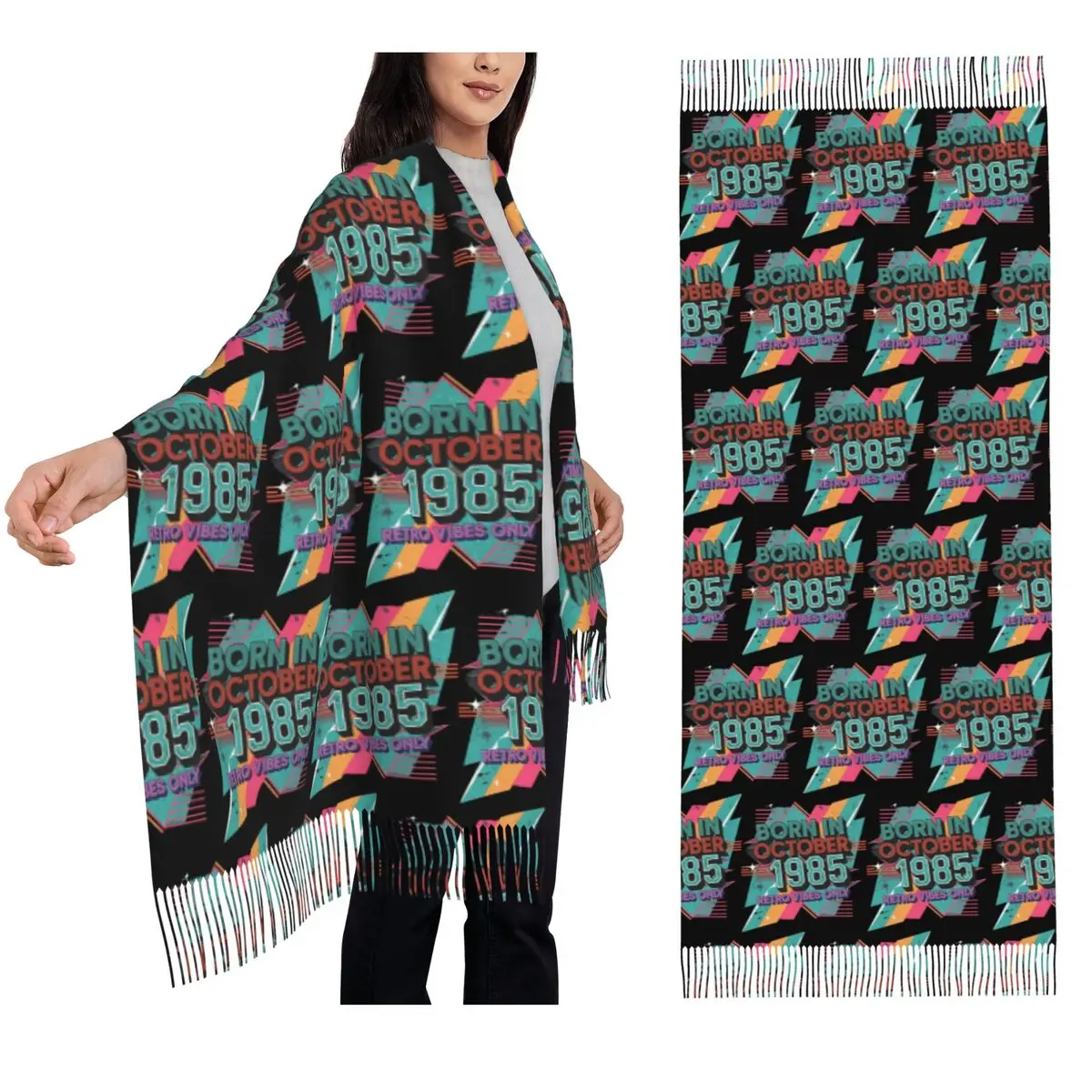 

Рожденный в октябре 1985 года. Ретро Vibes Только 40-й день рождения. Шарф в стиле 80-х. Шарфы с кисточками. Шали и накидки. Большая осенне-зимняя шаль.
