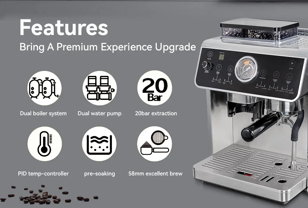 YUNYI espresso with grinding integrated semi-automatic commercial coffee machine 20Bar pump pressure coffee maker