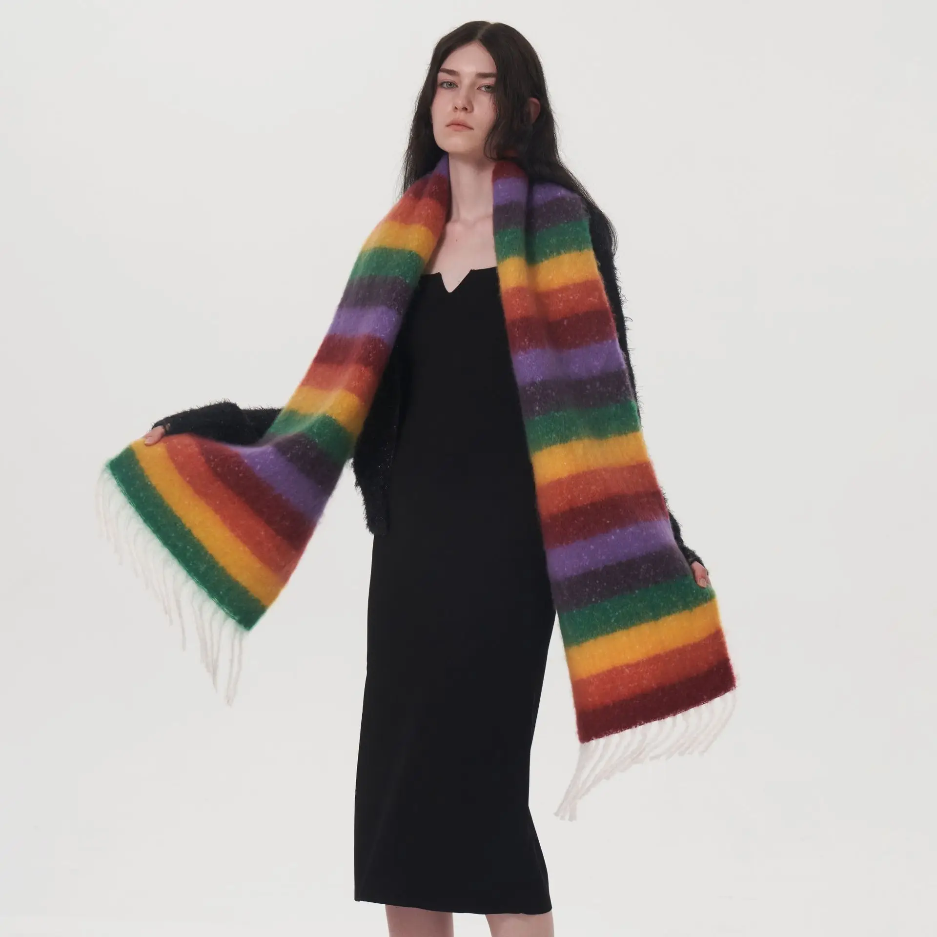 Novelty Rainbow Striped Long Shawl Wrap Women Cashmere Scarf  Winter Thick Warm Female Bandana Pashmina Tassel Travel Blanket