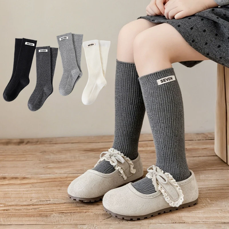 Solid Color Ribbed Girls Socks Letter Tag Soft Cotton Elastic Long Kids Socks School Style Socks For Toddler Girls