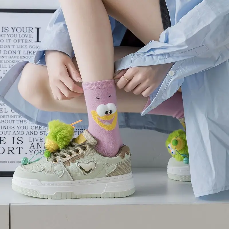 Ladies Spring Summer New European Sweet Kawaii Great Gift For Girls Cotton Mid Tube Pile Socks Ugly Cute Little Eyes Cartoon