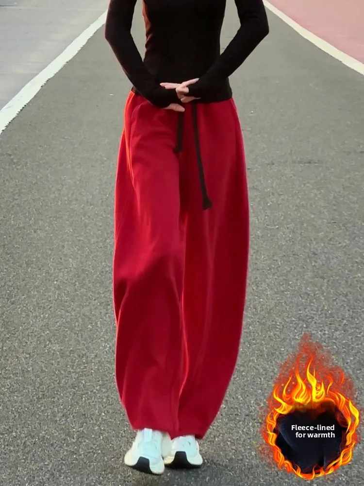 레드 페이스 라인드 캐주얼 스포츠 팬츠 여성용 가을 겨울 하이 웨이스트 슬림 와이드 레그 스웨트팬츠 한국 스타일