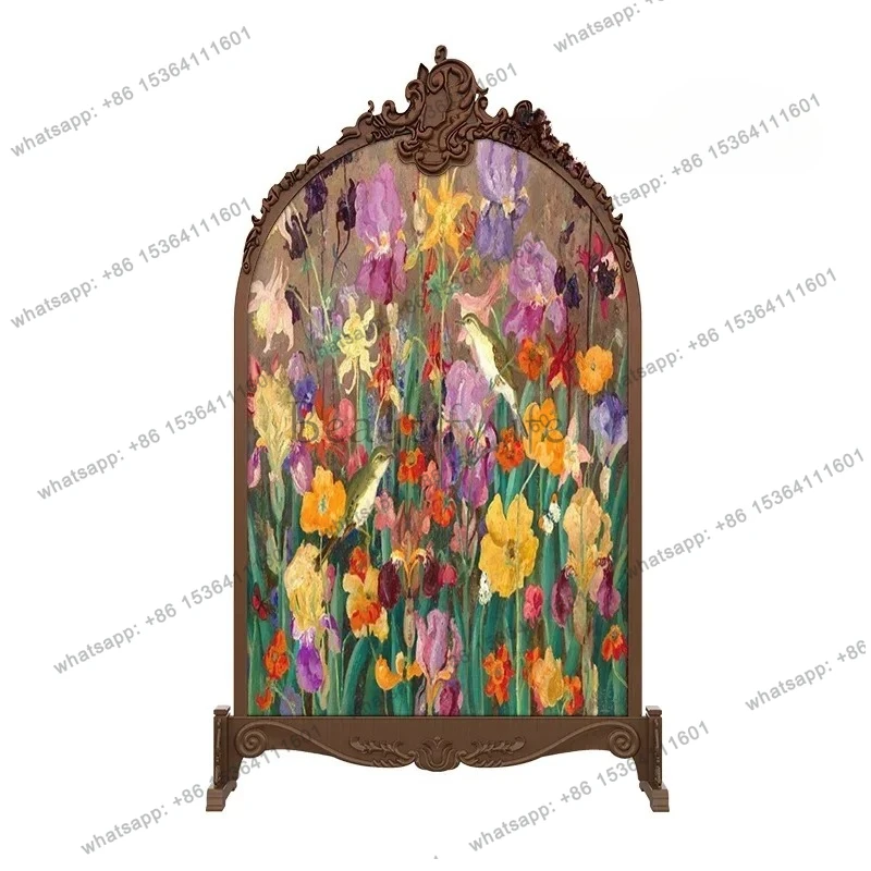 

French oil painting flower screen partition living room bedroom block entrance household solid wood carving flower seat screen