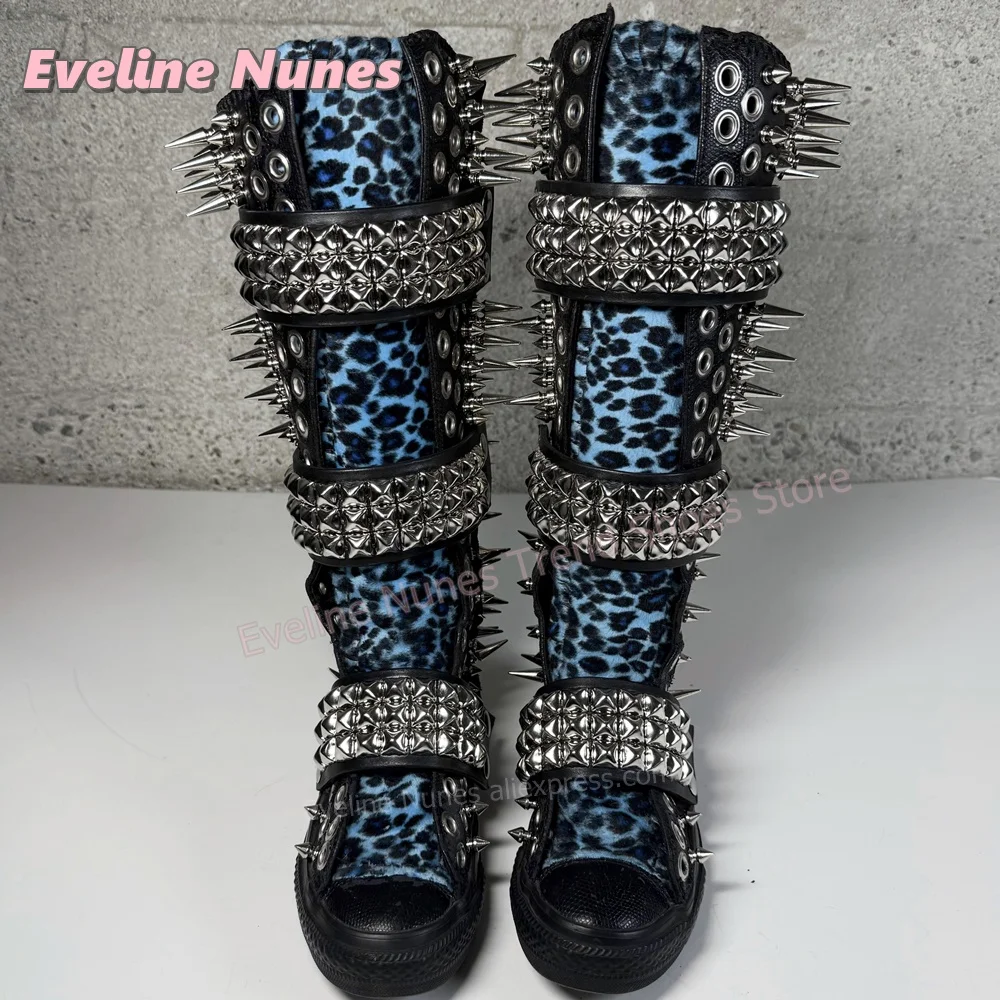 Blue Leopard Print Platform Knee High Boots Metal Spikes and Studs Decor Multi Strap Design Punk Goth Canvas Shoes 2026 Trend