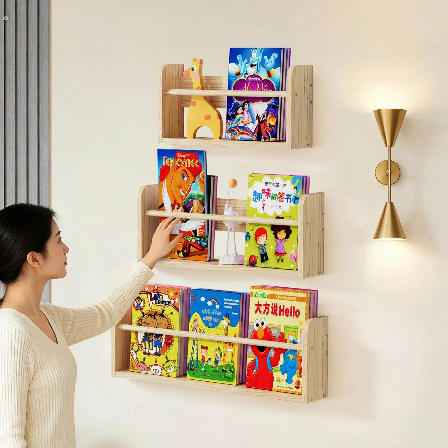 yesSolid Wood Kids Picture Bookshelf Wall Mounted Floating Minimalist Magazine Storage Rack for Children Room